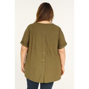 ROSE‎ & OLIVE 2X Dark Green Textured Button Back Short Sleeve Top Plus Size